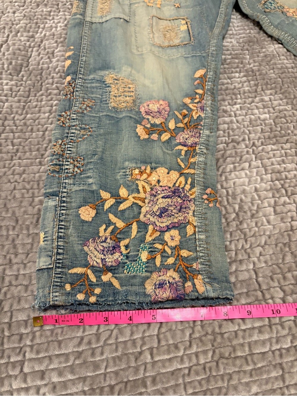 Magnolia Pearl Embroidered Patchwork Blue Jeans with Pink & Cream Florals - Picture 6 of 16